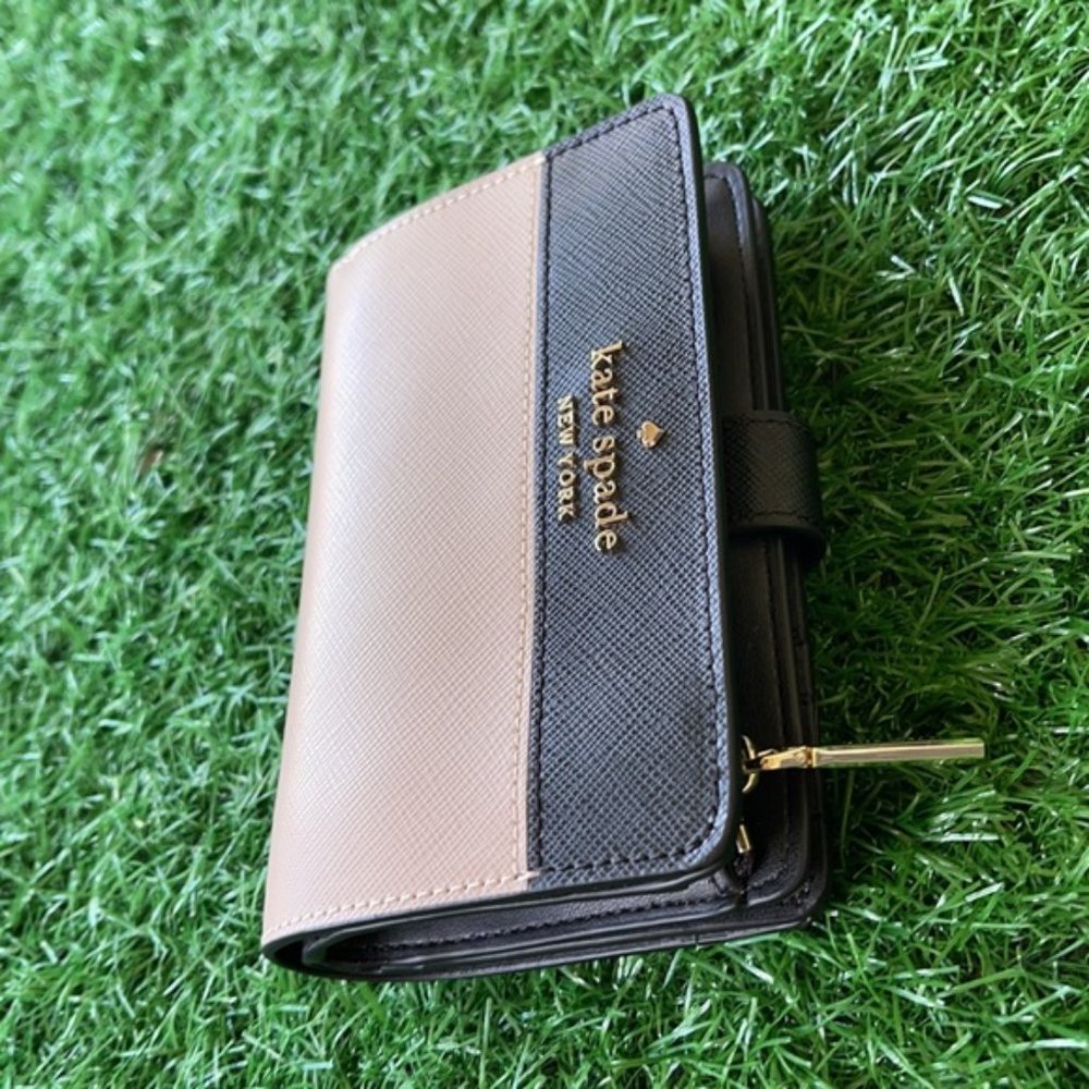 Kate Spade Staci Colorblock Medium Compact Bifold Wallet Warm Beige Multi - Picture 2 of 16